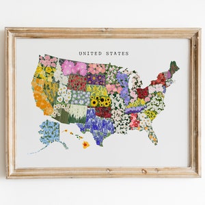 USA-Blumen-Karte, Zustand-Blumen-Kunst, Amerika-Karte-Wand-Kunst, College-Wohnheim-Kunst, Blumen-USA-Karte, US-Karte drucken, herunterladbare Kunst