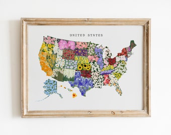 Mapa de flores de Estados Unidos, arte de flores de estado, arte de pared de mapa de América, arte de dormitorio universitario, mapa floral de EE. UU., impresión de mapa de EE. UU., arte descargable