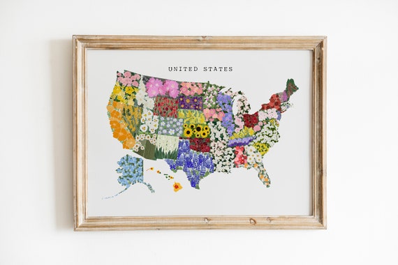 United States Flower Map, State Flower Art, America Map Wall Art, College Dorm Art, Floral USA Map, US Map Print, Downloadable Art