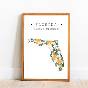 Florida State Flower Print, Orange Blossom Art Print, Florida Map Art Print, Florida Wall Decor, State Flower Art, Florida Decor, Download