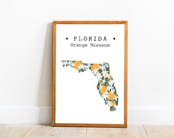 Florida State Flower Print, impresión de arte de flor naranja, impresión de arte de mapa de la Florida, decoración de la pared de la Florida, arte de la flor del estado, decoración de la Florida, descarga