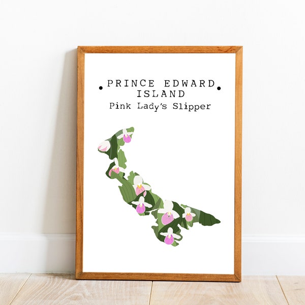 Prince Edward Island Wall Art, PEI Map Art, Prince Edward Island Flower Print, Canada Home Decor, PEI Pink Lady's Slipper, Printable Art