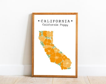 Arte de la pared de la flor del estado de California, impresión floral de CA Poppy, decoración del arte de las amapolas doradas, flores del estado de los EE. UU.imprimibles, impresión de arte descargable