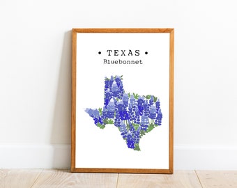 Texas State Flower Print, Texas Bluebonnet Wall Art, Texan Flower Print, Texas Map Wall Art, Texas Flower Poster, Downloadable Art
