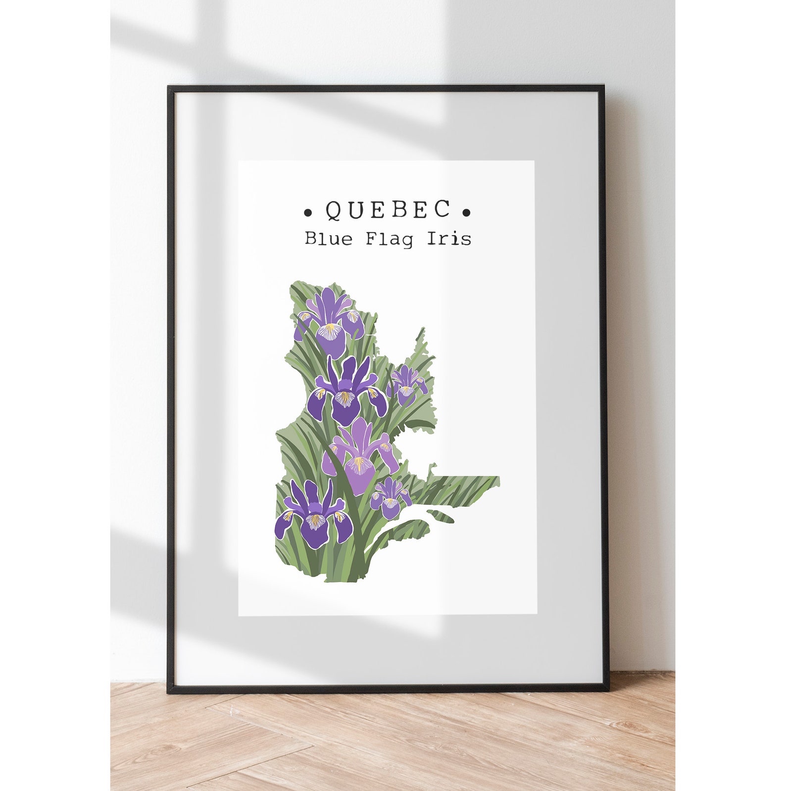 Quebec Province Flower Art, Quebec Blue Iris Wall Art, Canada Map Art