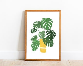 Impresión de arte de la planta de la casa Monstera, decoración de la pared de la planta de queso suizo, impresión de la ilustración botánica boho, impresión de la naturaleza, arte imprimible descargable