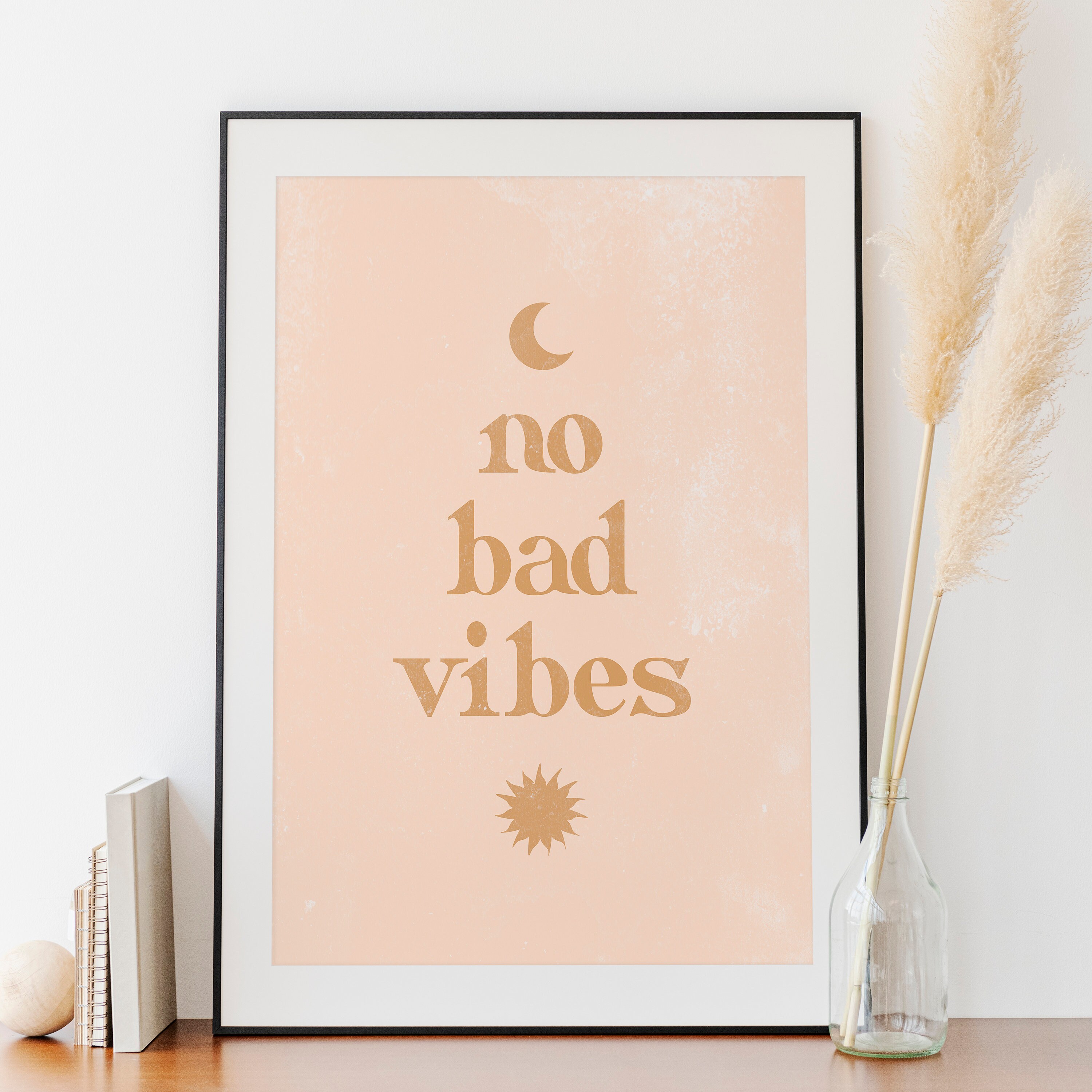 No Bad Vibes Boho Quote Art Print, Pink Bohemian Home Decor, Sun and Moon Wall Decor, Minimal