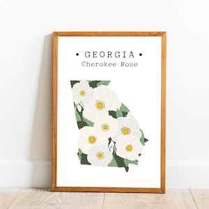 Georgia State Flower Wall Art, Georgia Map Print, Georgia Cherokee Rose Decor, State Flower Poster, US State Flower Prints, Downloadable Art