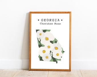 Georgia State Flower Wall Art, Georgia Map Print, Georgia Cherokee Rose Decor, Cartel de flores estatales, Estampados de flores estatales de EE. UU., Arte descargable