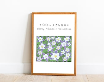 Colorado State Flower Wall Art, Colorado Rocky Mountain Columbine Art, Colorado Map Art, Us State Flower Print, Impresión de arte descargable