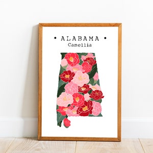 Alabama State Flower Wall Art, Alabama Camellia Flower Print, US State Flower Print, Alabama Map Poster, Alabama State Art, Downloadbare kunst