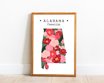 Alabama State Flower Wall Art, Alabama Camellia Flower Print, Us State Flower Print, Alabama Map Poster, Alabama State Art, Downloadable art