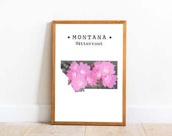 Montana State Flower Wall Art, Montana Bitterroot Wall Decor, Montana Map Art, State Flower Art, College Apartment Decor, Downloadable Art