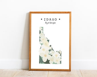 Idaho State Flower Wall Art, Idaho Syringa Flower Print, Idaho Map Art, Idaho Wall Decor, US State Flower Printable, Downloadable Art