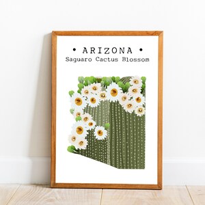 Arizona State Flower Wall Art, Saguaro Cactus Blossom Print, Arizona Wall Art, Arizona Map Poster, US State Flower Art, downloadbare kunst