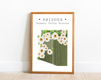 Arte de la pared de la flor del estado de Arizona, Impresión de la flor del cactus Saguaro, Arte de la pared de Arizona, Cartel del mapa de Arizona, Arte de la flor del estado de EE. UU., Arte descargable