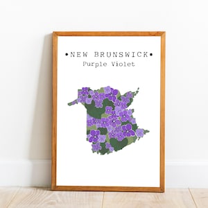 New Brunswick Province Flower Wall Art, Canada Provincial Flowers, New Brunswick Violet Print, New Brunswick Kaart Kunst, Downloadbare Wall Art