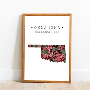 Oklahoma State Flower Wandkunst, Oklahoma Rose Print, Oklahoma Karte Kunst, State Flower Wall Decor, Oklahoma Poster, herunterladbare Kunst