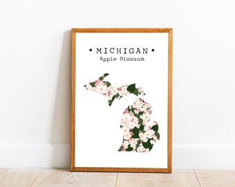 Michigan State Flower Wall Art, Michigan Flower Print, Us State Flower Art, Michigan Map Poster, State Flower Art Decor, Downloadable art
