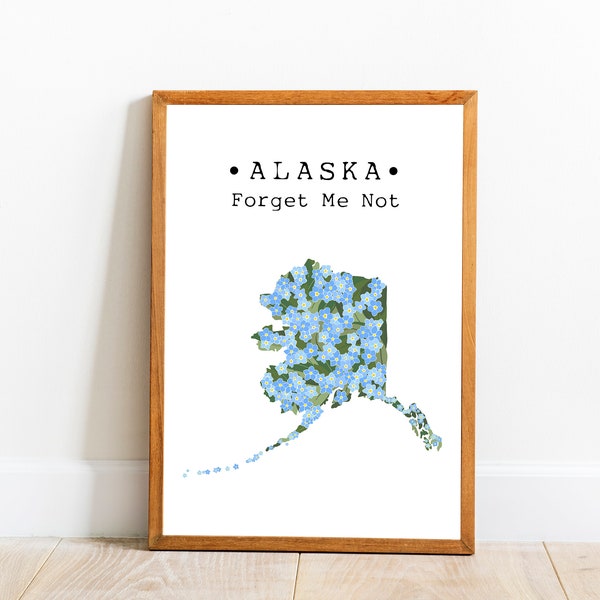 Alaska State Flower Wall Art, Forget Me Not Flower Print, Alaska Map Art, US State Flower Poster, Alaska Home Decor, Downloadable Art