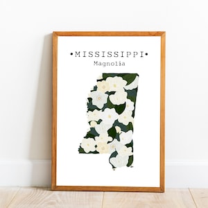 Mississippi Zustand Blumendruck, Magnolia Blumendruck, Mississippi Blume Karte Wandkunst, Mississippi Blume Poster, herunterladbare Kunst