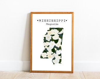 Lámina con la flor estatal de Misisipi, Lámina con la flor de magnolia, Mapa mural de las flores de Misisipi, Póster de las flores de Misisipi, Arte descargable