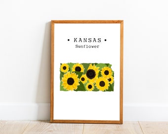 Arte mural con flores del estado de Kansas, impresión artística de girasoles de Kansas, decoración de pared con el mapa de Kansas, póster de flores estatales de EE. UU., impresión de flores del estado de Kansas, descarga