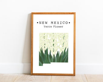Arte murale floreale dello stato del New Mexico, stampa floreale di yucca del New Mexico, arte floreale dello stato degli Stati Uniti, poster della mappa del New Mexico, decorazioni dello stato, arte scaricabile