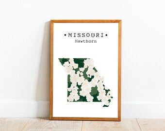 Missouri State Flower Wall Art, Missouri Flower Print, Missouri Map Art, Missouri Hawthorn, State Flowers imprimibles, impresión de arte descargable