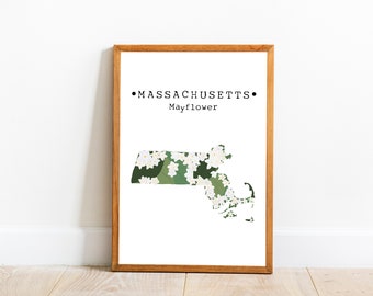 Massachusetts State Flower Wall Art, Massachusetts Mayflower Art Print, Massachusetts Map Art, Impresión de flores estatales de EE.UU., Arte descargable