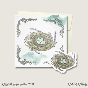 Robin's Nest Card & Pegatina - Tarjeta de felicitación de primavera ilustrada en acuarela