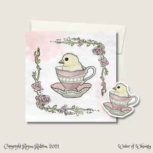 Chick in a Teacup Card & Sticker - Tarjeta de felicitación de primavera ilustrada en acuarela