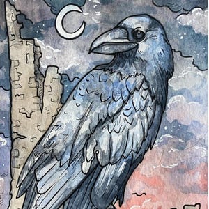 May include: Watercolor painting of a raven perched on a stone structure under a crescent moon. The raven is depicted in shades of gray and blue, with detailed feather textures. The background features a cloudy sky with pink and blue hues.