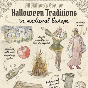 All Hallow&#39;s Eve or Halloween Traditions in Medieval Europe - Watercolor Illustration