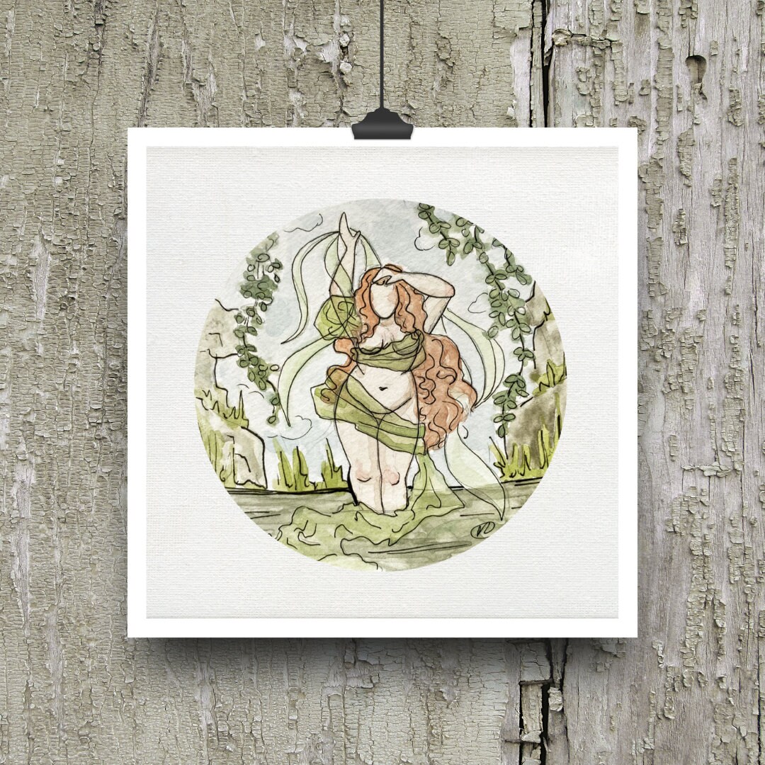 水浴びする森の妖精 - 水彩画による神話的壁画 - Etsy 日本