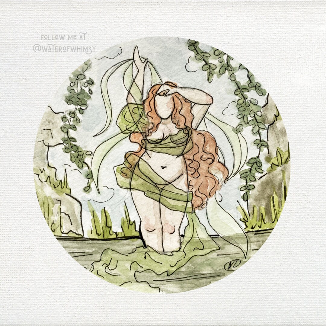 水浴びする森の妖精 - 水彩画による神話的壁画 - Etsy 日本