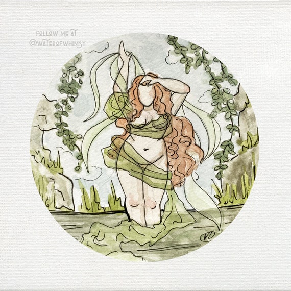 水浴びする森の妖精 - 水彩画による神話的壁画 - Etsy 日本