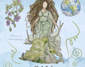 May include: A watercolour illustration of Gaia, the Greek goddess of the Earth, standing on a mossy rock formation. She has long brown hair, a green dress, and is surrounded by flowers and vines. The background is a light blue sky with a small globe of the Earth in the top right corner. The text "GAIA" is written in black letters at the bottom of the image.