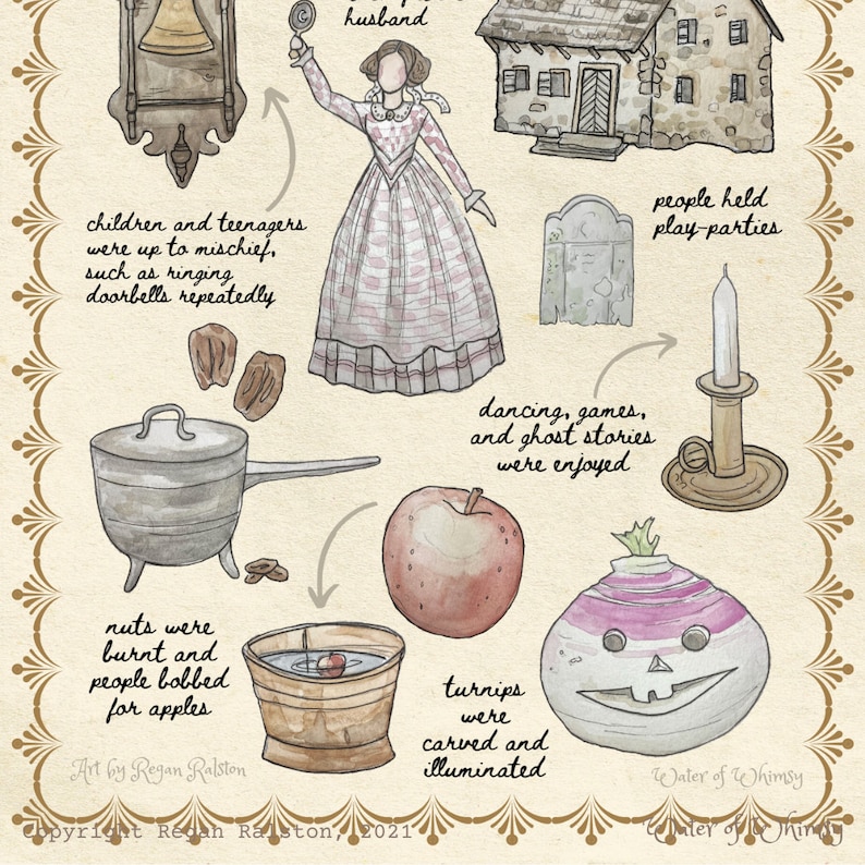 May include: An illustration depicting various Halloween traditions. A woman in a pink and white dress, a house, a tombstone, a bell, a pot, nuts, an apple, a turnip, a bucket, and a candle are depicted. The text "dancing, games, and ghost stories were enjoyed" is included in the illustration.