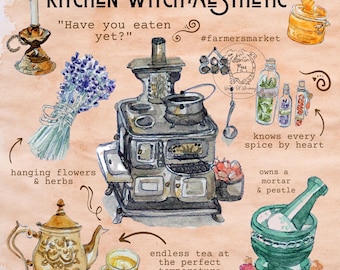 Kitchen Witch Watercolor Art Print – Signed Whimsical Decor