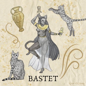 Ikona Bastet (Bast) – ilustracja akwarelowa bogini i bóstwa