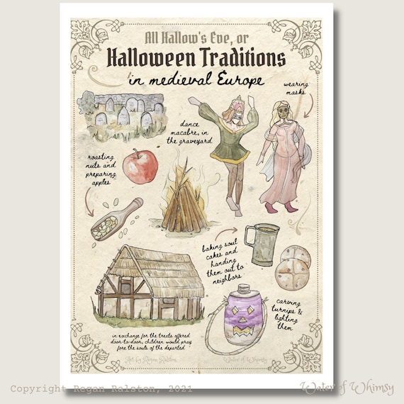 All Hallow's Eve or Halloween Traditions in Medieval Europe - Watercolor Illustration