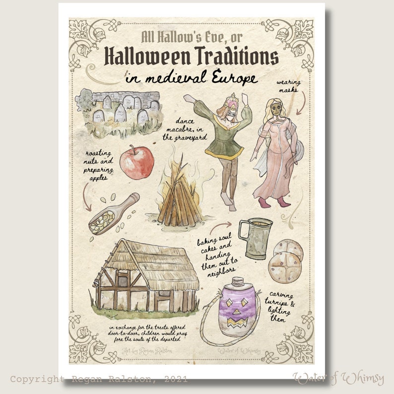 May include: Halloween Traditions in Medieval Europe poster. Watercolor-style illustrations depict medieval Halloween activities: dancing in a graveyard, roasting nuts and preparing apples, baking soul cakes, carving turnips, wearing masks, and more.  The poster features a warm color palette with beige background and text that reads 'All Hallow's Eve, or Halloween Traditions in Medieval Europe'.