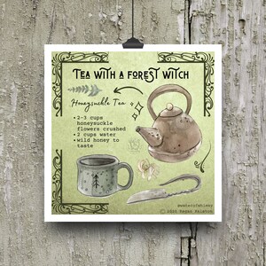 May include: A watercolor illustration of a recipe for Honeysuckle Tea. The recipe includes 2-3 cups of honeysuckle flowers, 2 cups of water, and wild honey to taste. The illustration features a teapot, a teacup, and a knife.
