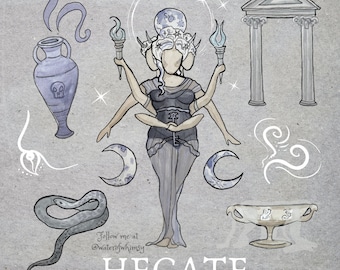 May include: A digital illustration of Hecate, the Greek goddess of magic, crossroads, and witchcraft. She is depicted with three heads, a dark grey dress, and holding torches. The image also includes a snake, a crescent moon, a cauldron, and a temple.