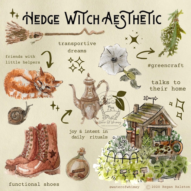 May include: Watercolor illustration of a hedge witch aesthetic with a cat, snail, boots, a teapot, a house, and plants. The text reads "Hedge Witch Aesthetic", "friends with little helpers", "transportive dreams", "joy & intent in daily rituals", "#greencraft", "talks to their home", "functional shoes", "Water of Whimsy", and "@waterofwhimsy &copy; 2020 Regan Ralston".