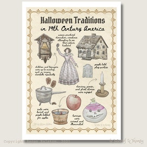 May include: An illustrated guide to Halloween traditions in 19th century America. The image depicts various activities like bobbing for apples, carving turnips, and playing games. The text reads "Halloween Traditions in 19th Century America".