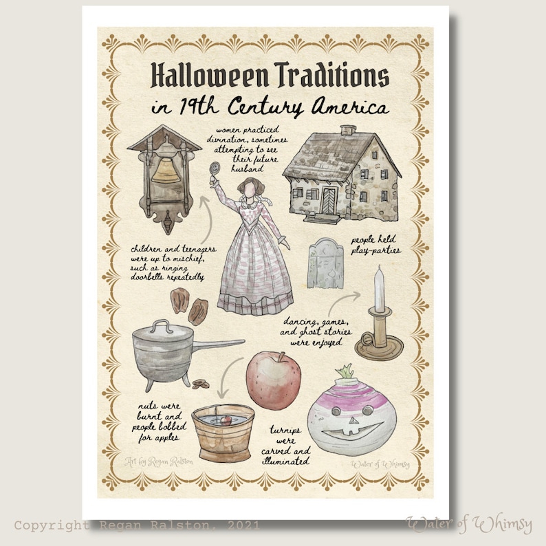 May include: An illustrated guide to Halloween traditions in 19th century America. The image depicts various activities like bobbing for apples, carving turnips, and playing games. The text reads "Halloween Traditions in 19th Century America".