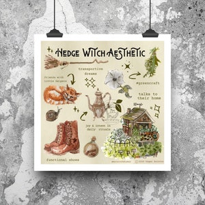 May include: A watercolor illustration of a hedge witch aesthetic with a variety of elements, including a cat, a teapot, a snail, boots, a bottle, a small house, and a broom. The illustration is surrounded by text that reads "Hedge Witch Aesthetic", "transportive dreams", "friends with little helpers", "joy & intent in daily rituals", "#greencraft", "talks to their home", "functional shoes", and "waterofwhimsy 2020 Regan Ralston".
