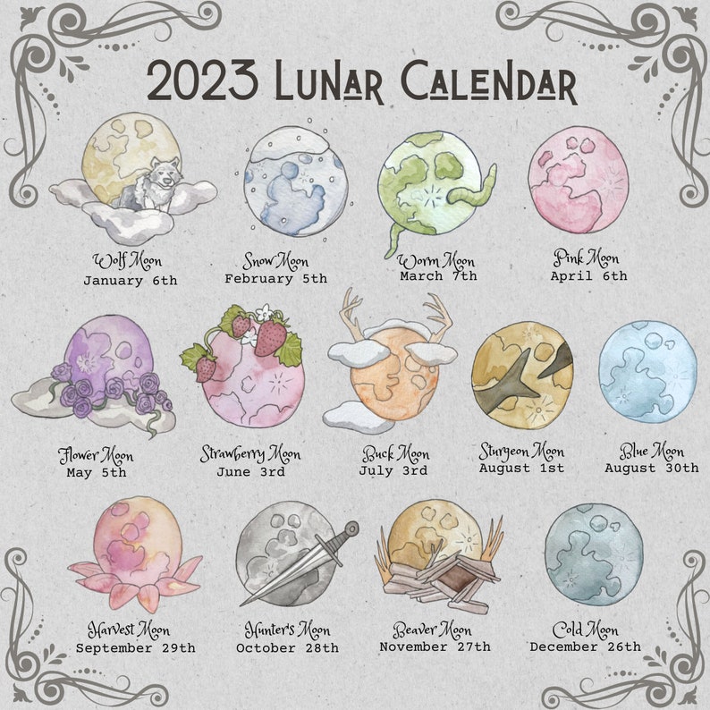 2023 Full Moon Calendar Monthly Moon Names Etsy